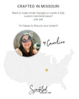 Promotional graphic for Scripted Jewelry with a photo of Caroline and a map of where the jewelry is made.