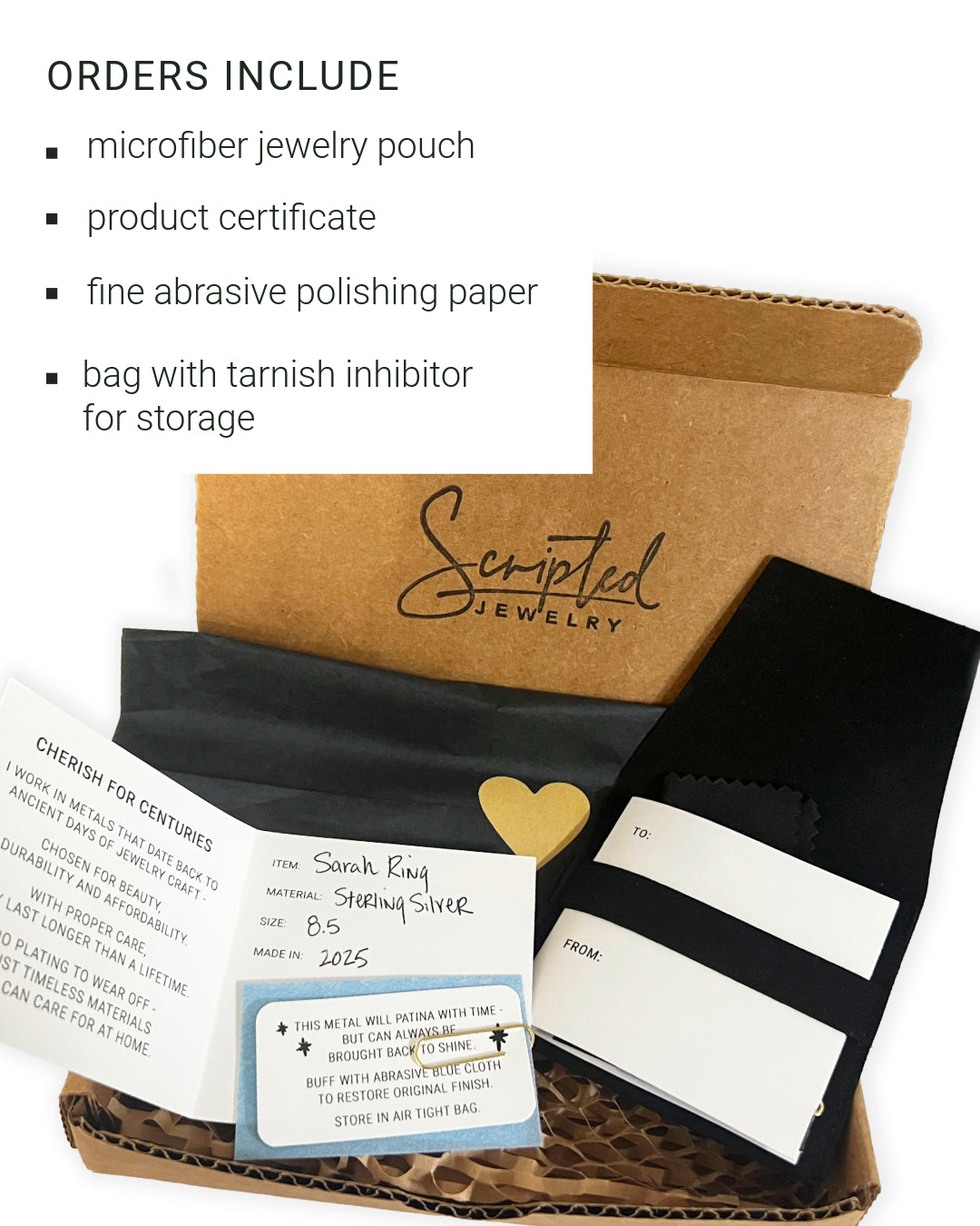 Box of Scripted Jewelry with microfiber pouch, product certificate, polishing paper, and tarnish inhibitor.