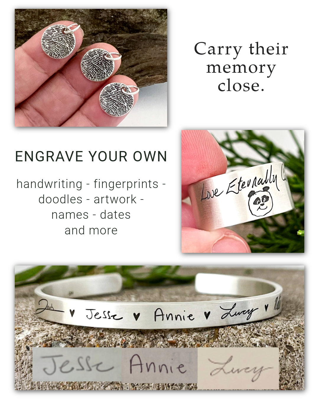 Collage of personalized jewelry with engraving options.
