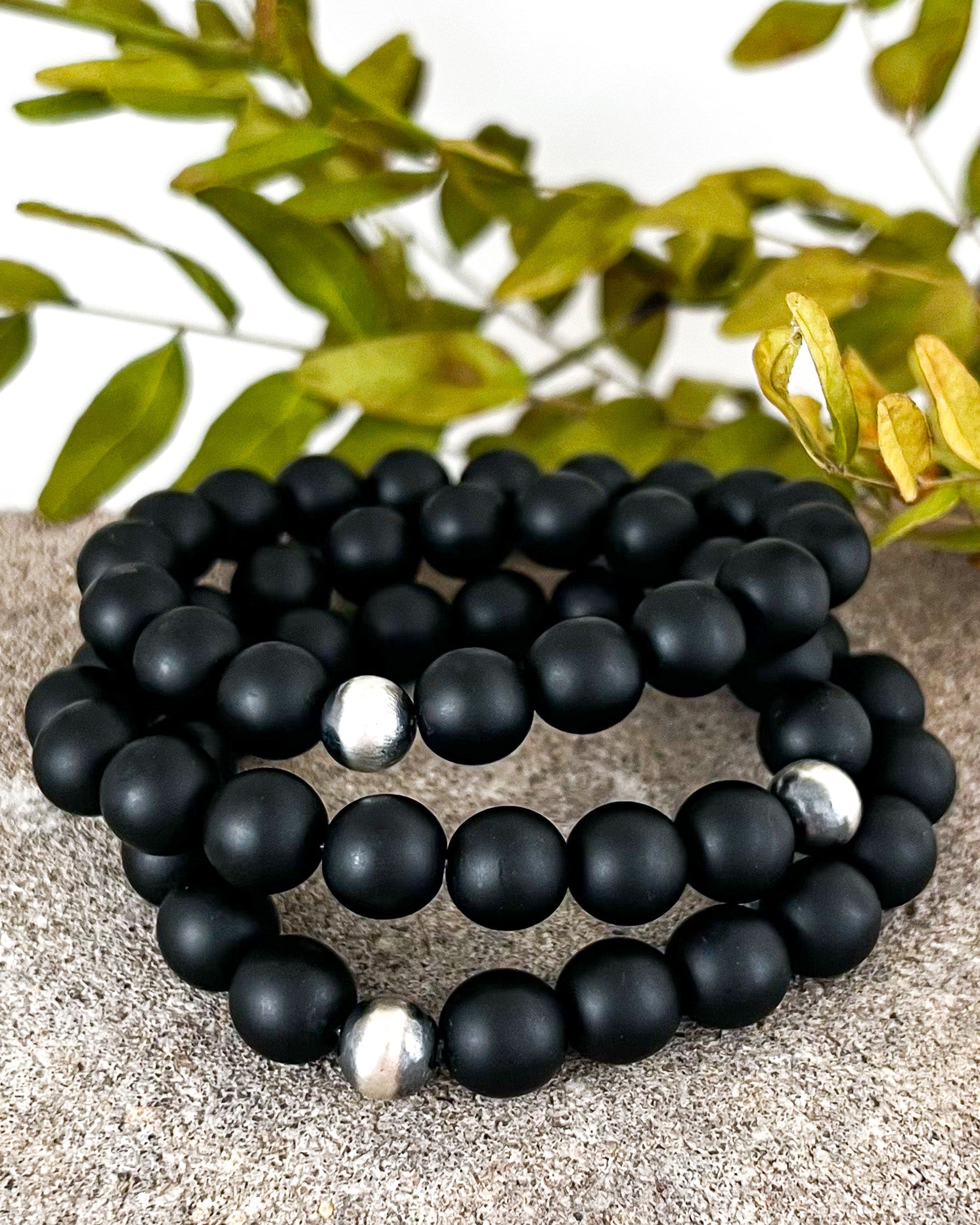 Black Glass Sutton Bracelet | Matte Black Glass Beads | Heavy Bracelet Unisex | Stretch Gemstone Bracelet | House of Jaco