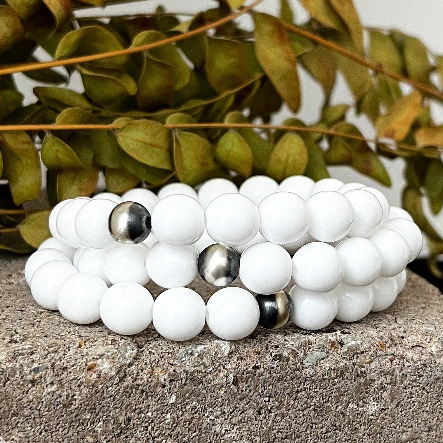 Sutton Bracelet | Bright White Glass Beads | Unisex Healing Crystal | Gemstone Stretch Bracelet | House of Jaco | Scripted Jewelry