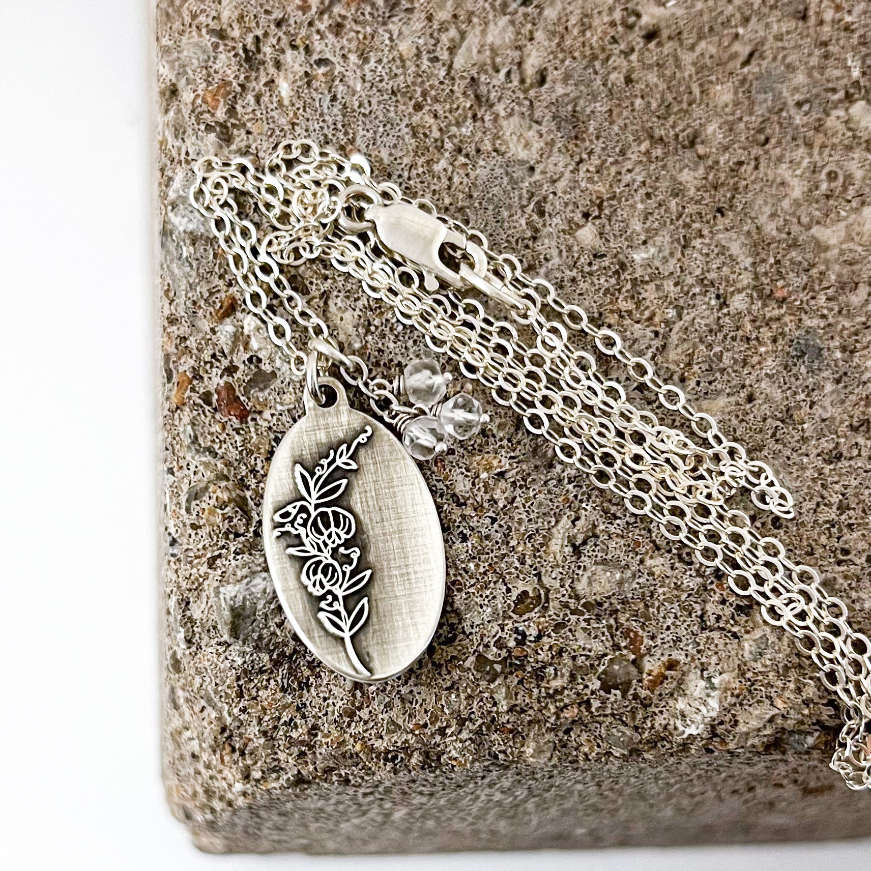 Sweet Pea Necklace | April Birth Flower Pendant | Genuine Clear Quartz Birthstone | Oxidized Sterling Silver | House of Jaco