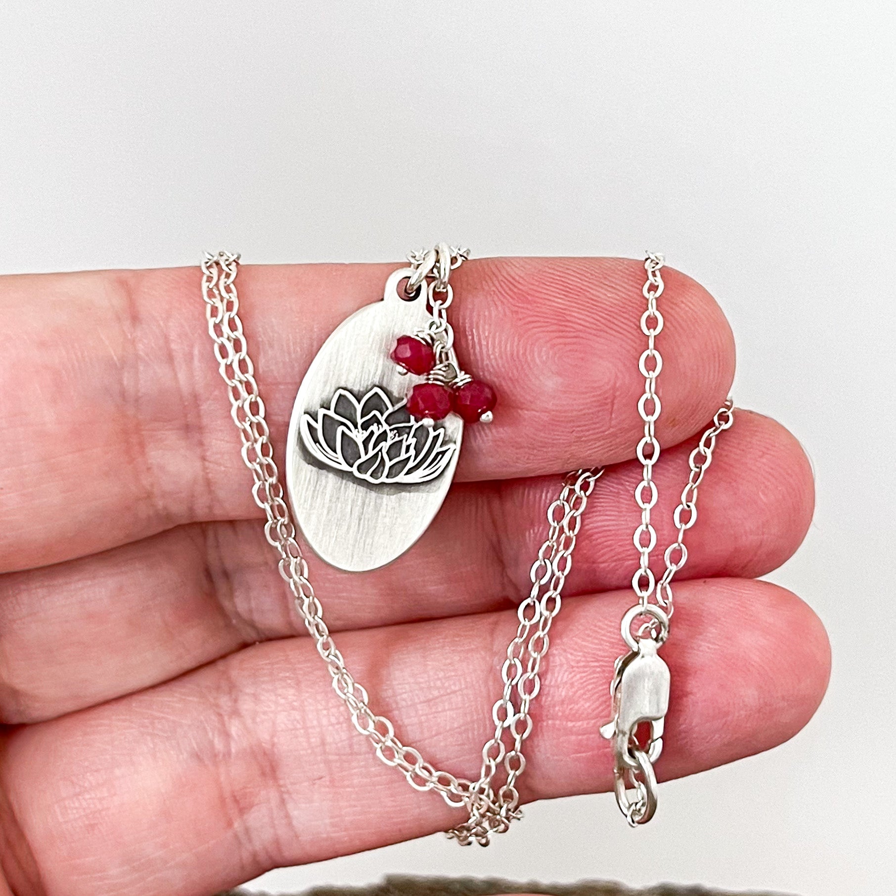 Water Lily Necklace | July Birth Flower Pendant | Oxidized Sterling Silver | Genuine Ruby Birthstone | Your Own Handwriting | House of Jaco