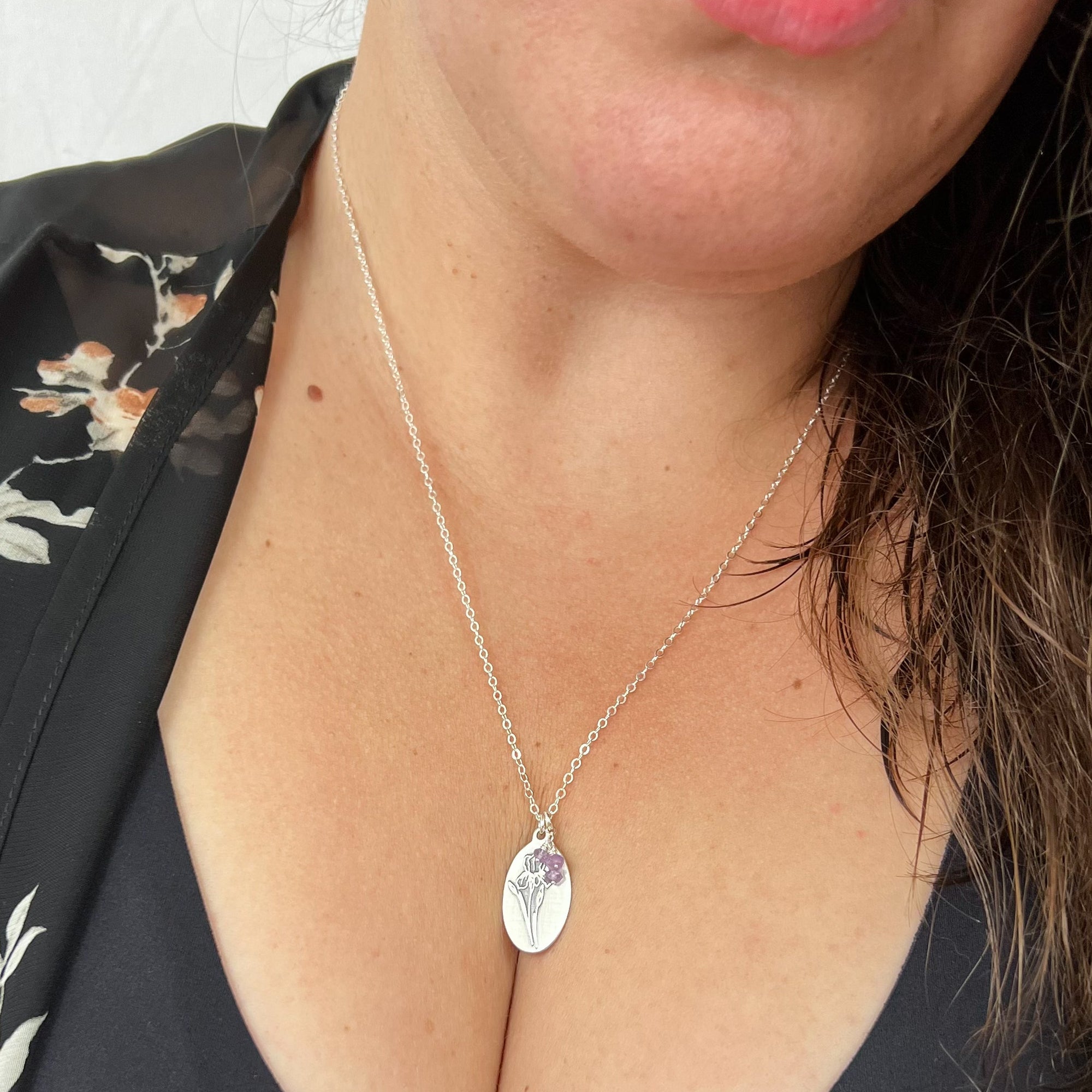 Iris Necklace | Birth Flower Engraved Necklace | Sterling Silver | Genuine Amethyst Birthstone | House of Jaco