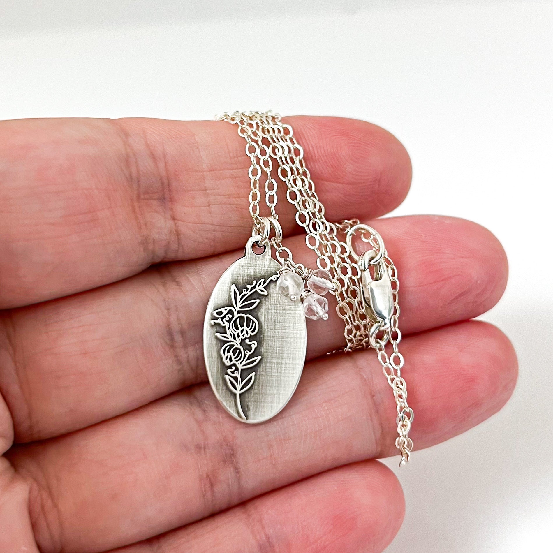 Sweet Pea Necklace | April Birth Flower Pendant | Genuine Clear Quartz Birthstone | Oxidized Sterling Silver | House of Jaco