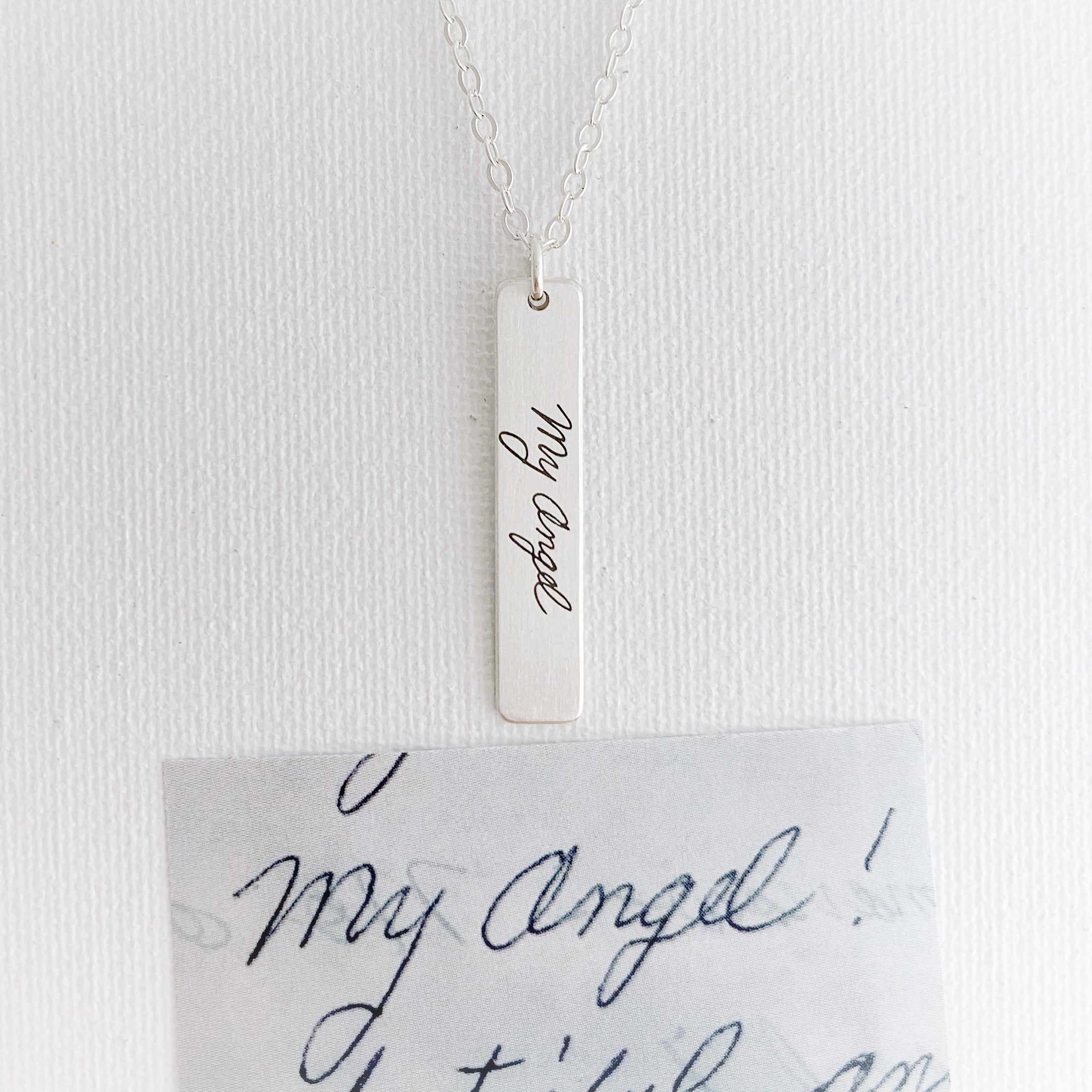 Kate Necklace | Sterling Silver Bar Necklace Engraved With Your Own Handwriting and Fingerprints | Scripted Jewelry | House of Jaco