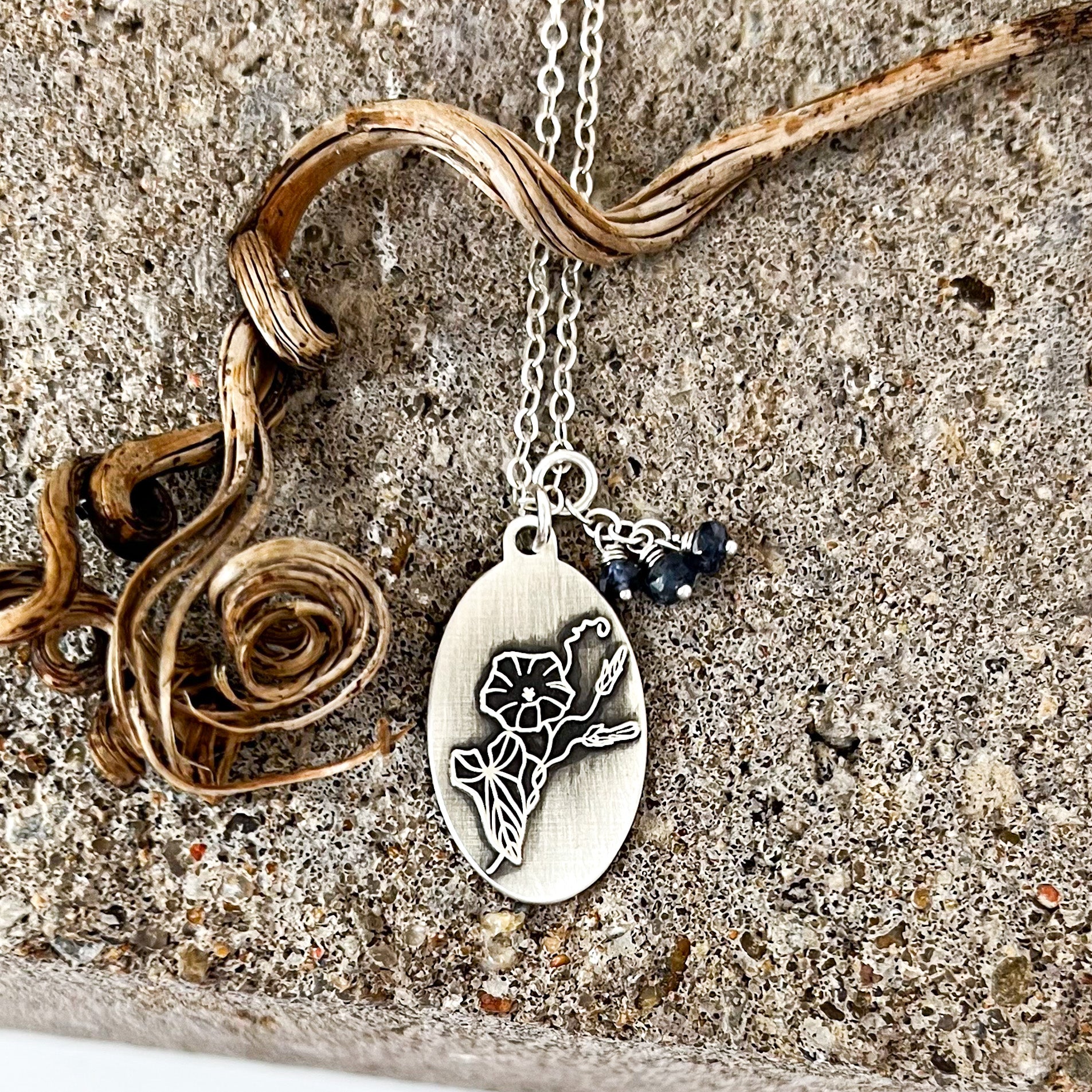 Morning Glory Necklace | September Birth Flower Pendant | Genuine Dark Blue Sapphire Birthstone | House of Jaco | Libra Gift | Virgo Gift