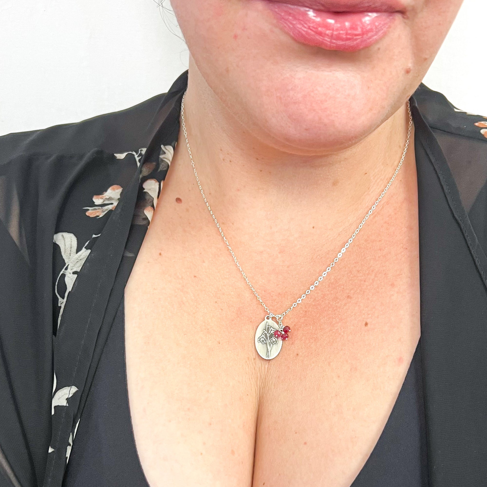 Snowdrop Necklace | Birth Flower Pendant | Oxidized Sterling Silver | Deep Red Genuine Garnet Birthstone | House of Jaco