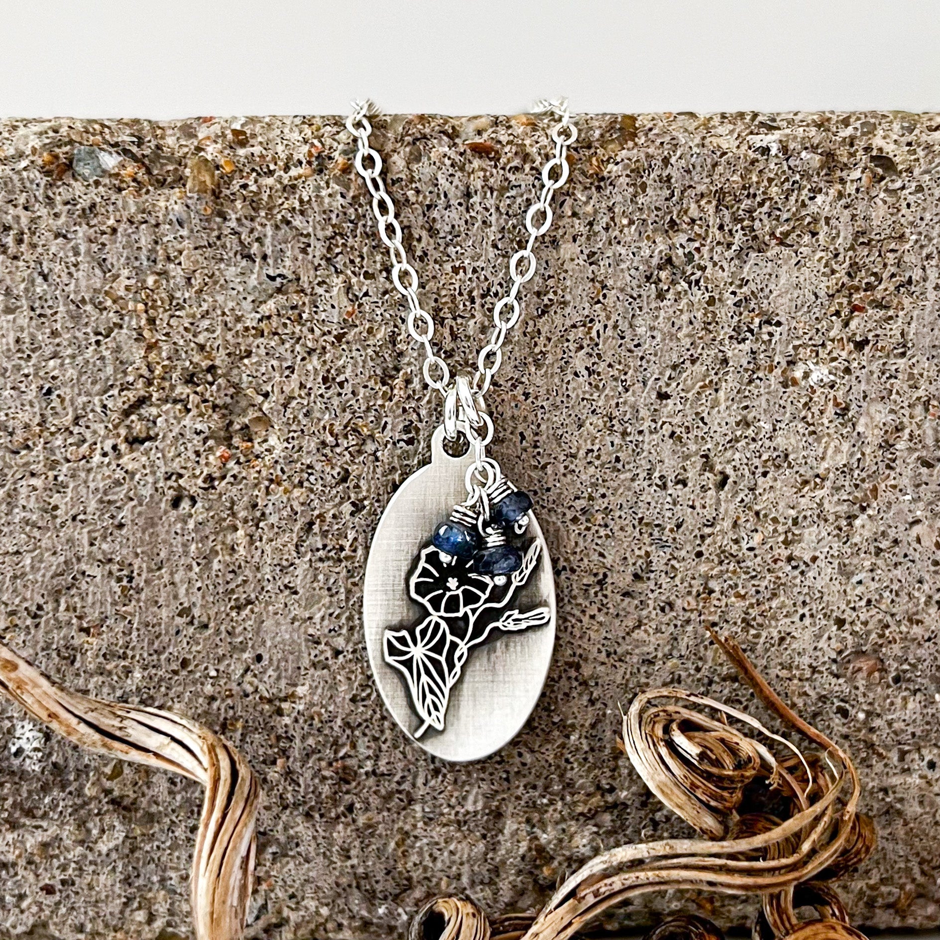 Morning Glory Necklace | September Birth Flower Pendant | Genuine Dark Blue Sapphire Birthstone | House of Jaco | Libra Gift | Virgo Gift