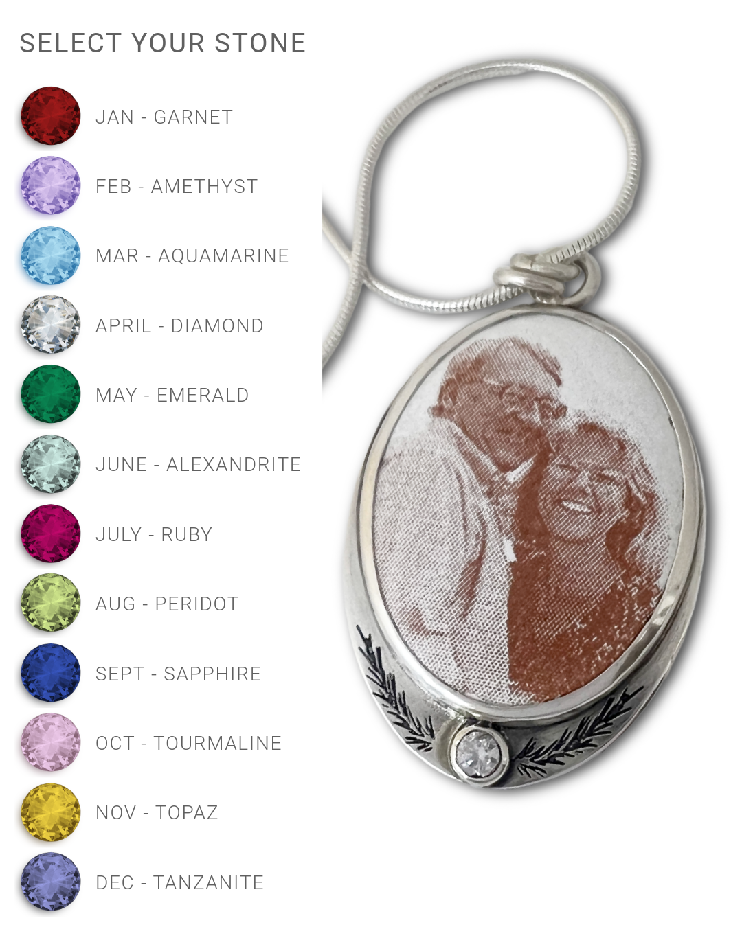 Silver pendant with a photo of a couple and color swatches for gemstones on a white background