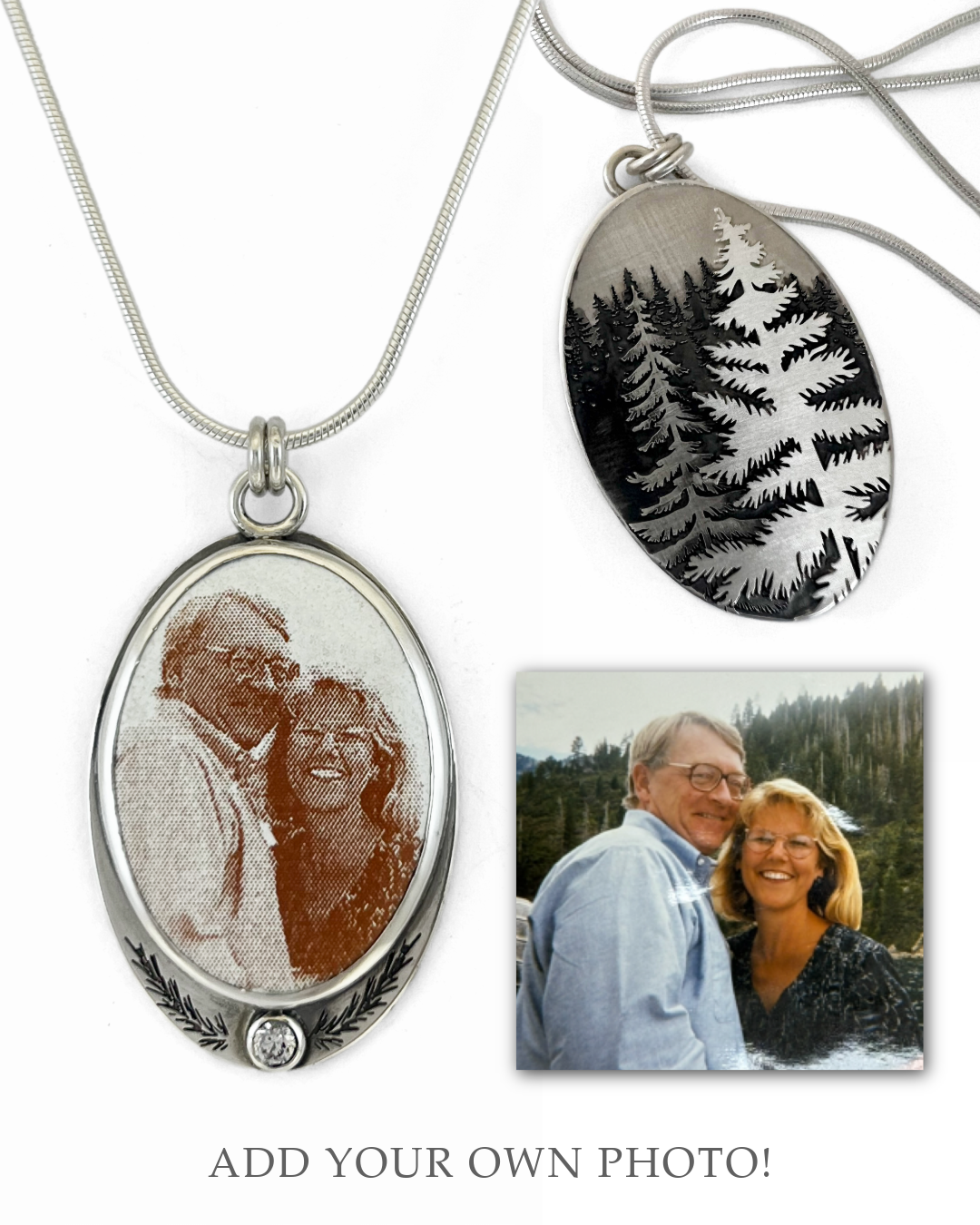 Silver memorial pendant with photo enameled on the front and a pine tree design engraved on the back.
