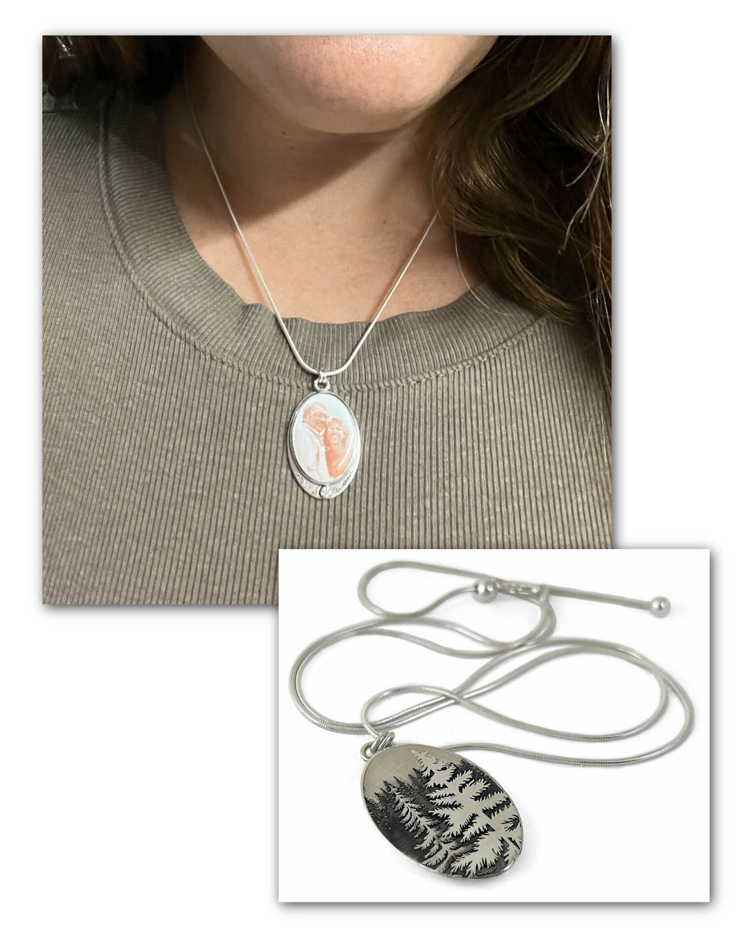 Silver memorial pendant with photo enameled on the front and a pine tree design engraved on the back.