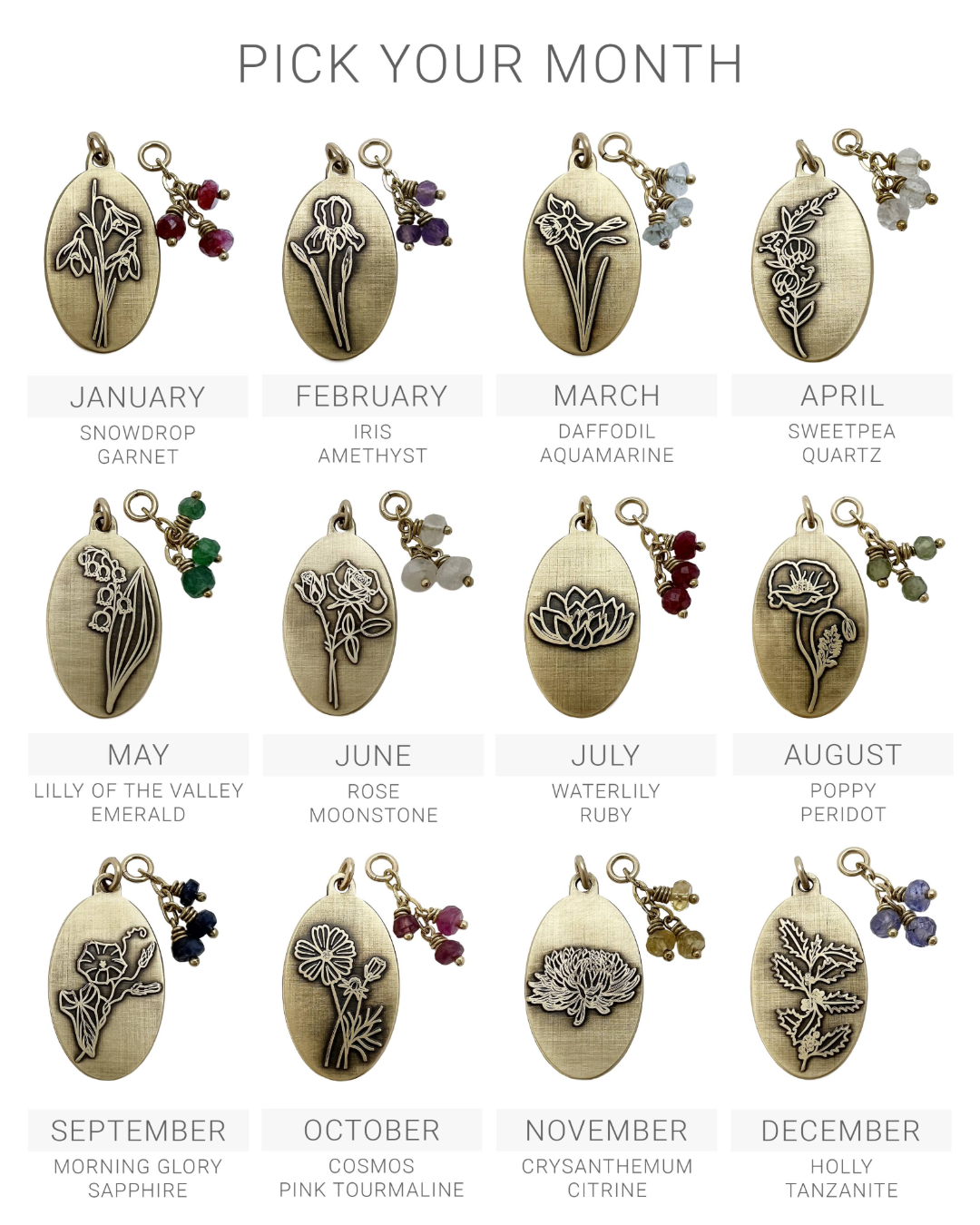 A jewelry color and stone selection chart showing 12 oval pendant designs labeled by month, with metal pendants and small hanging gemstone charms under the heading 'PICK YOUR MONTH'.