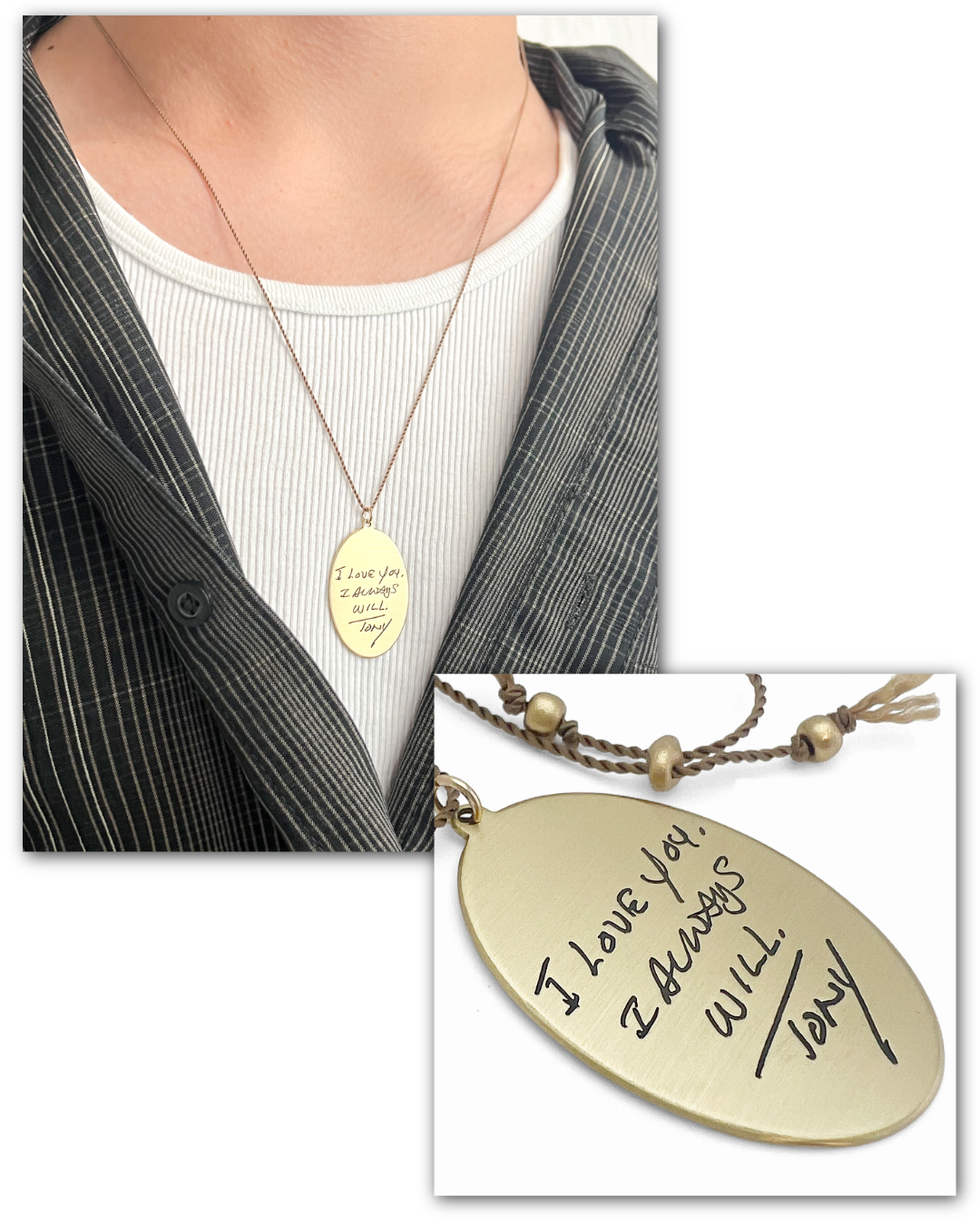 Large oval, gold pendant with engraved handwriting from Scripted Jewelry