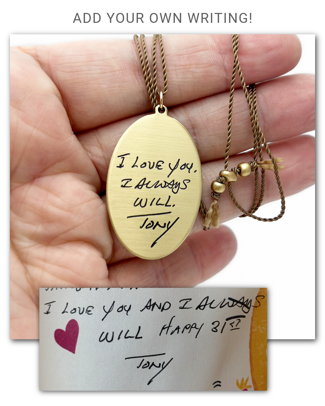 Large oval, gold pendant with engraved handwriting from Scripted Jewelry laying next to a sample of the original handwritten card. 