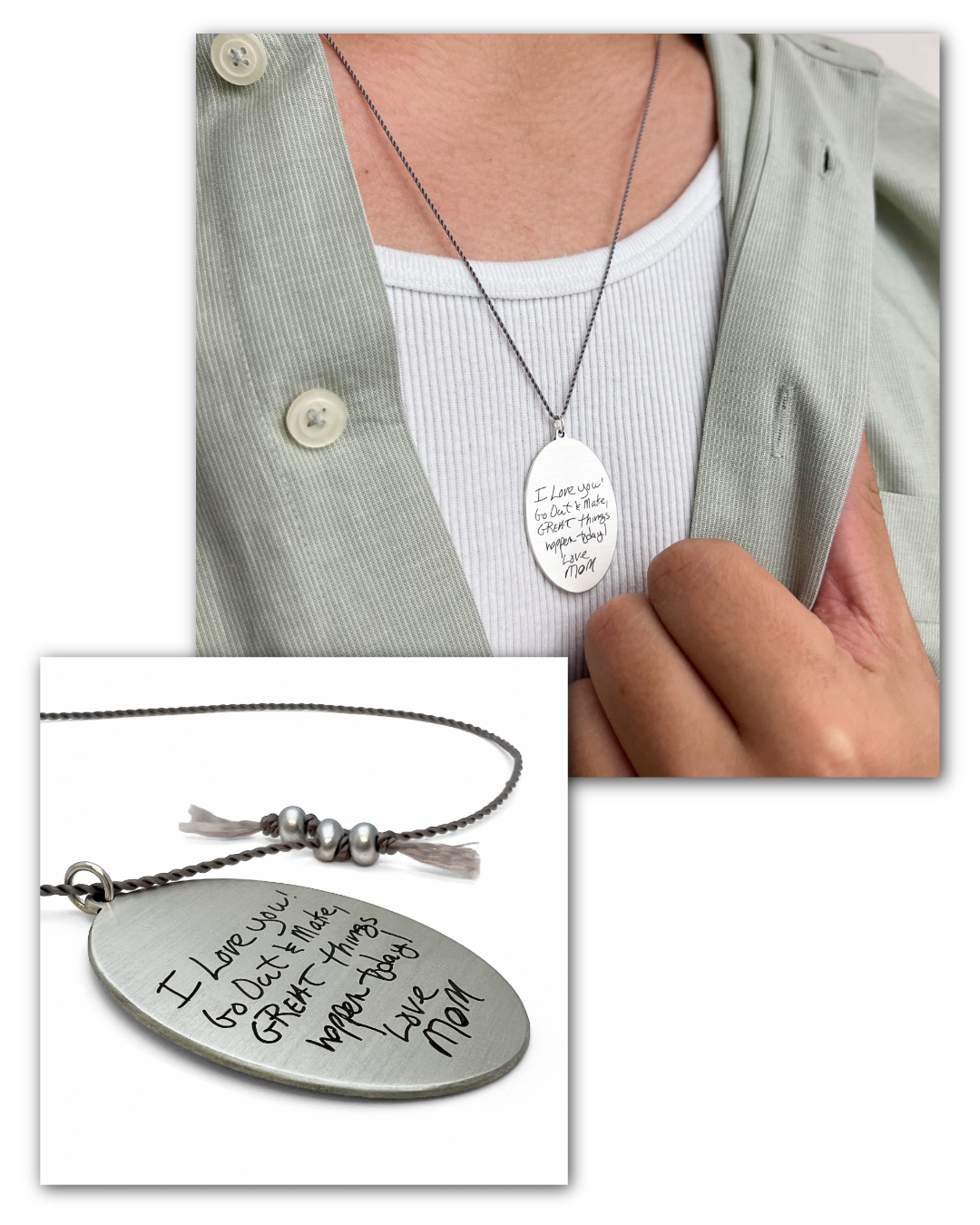 Silver necklace with engraved message worn by a person, close-up of pendant with handwriting engraved | Scripted Jewelry