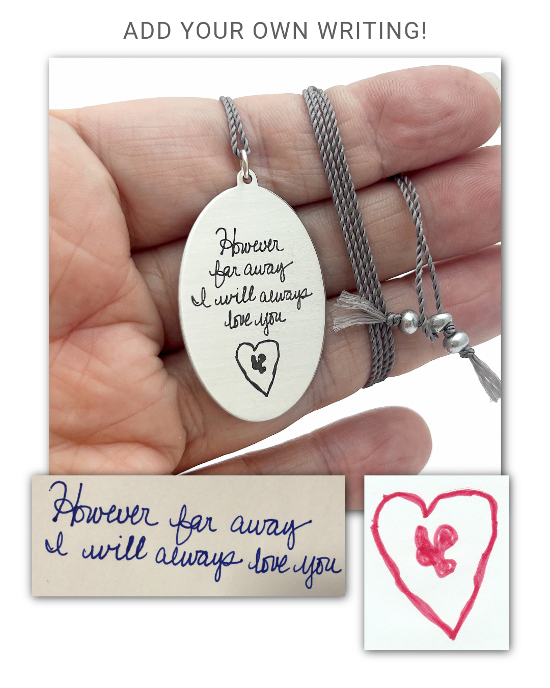 Silver pendant with engraved message held in hand, surrounded by cards with the original handwriting | Scripted Jewelry