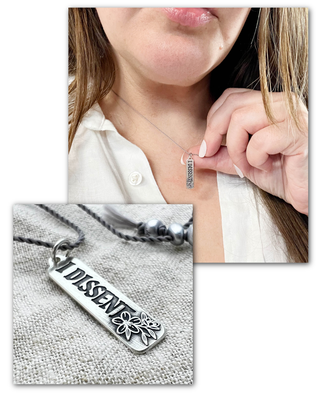 Person wearing a silver necklace with 'DISSENT' pendant, close-up of necklace on white background.