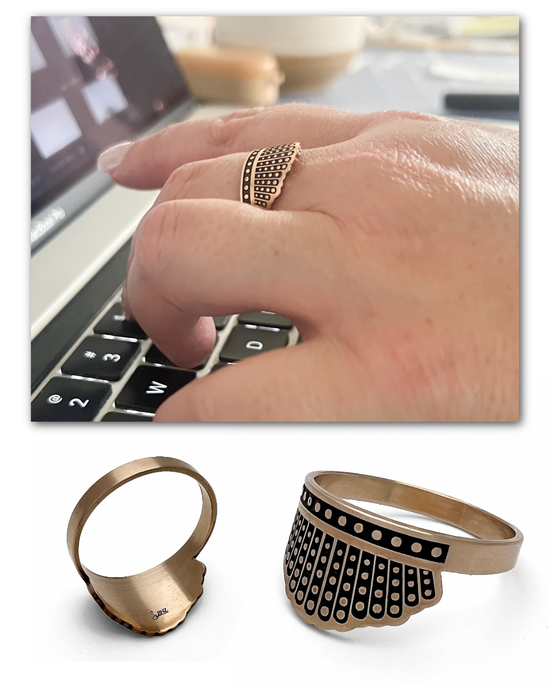 Close-up of a hand typing on a laptop with rings on fingers, and two rings displayed below.