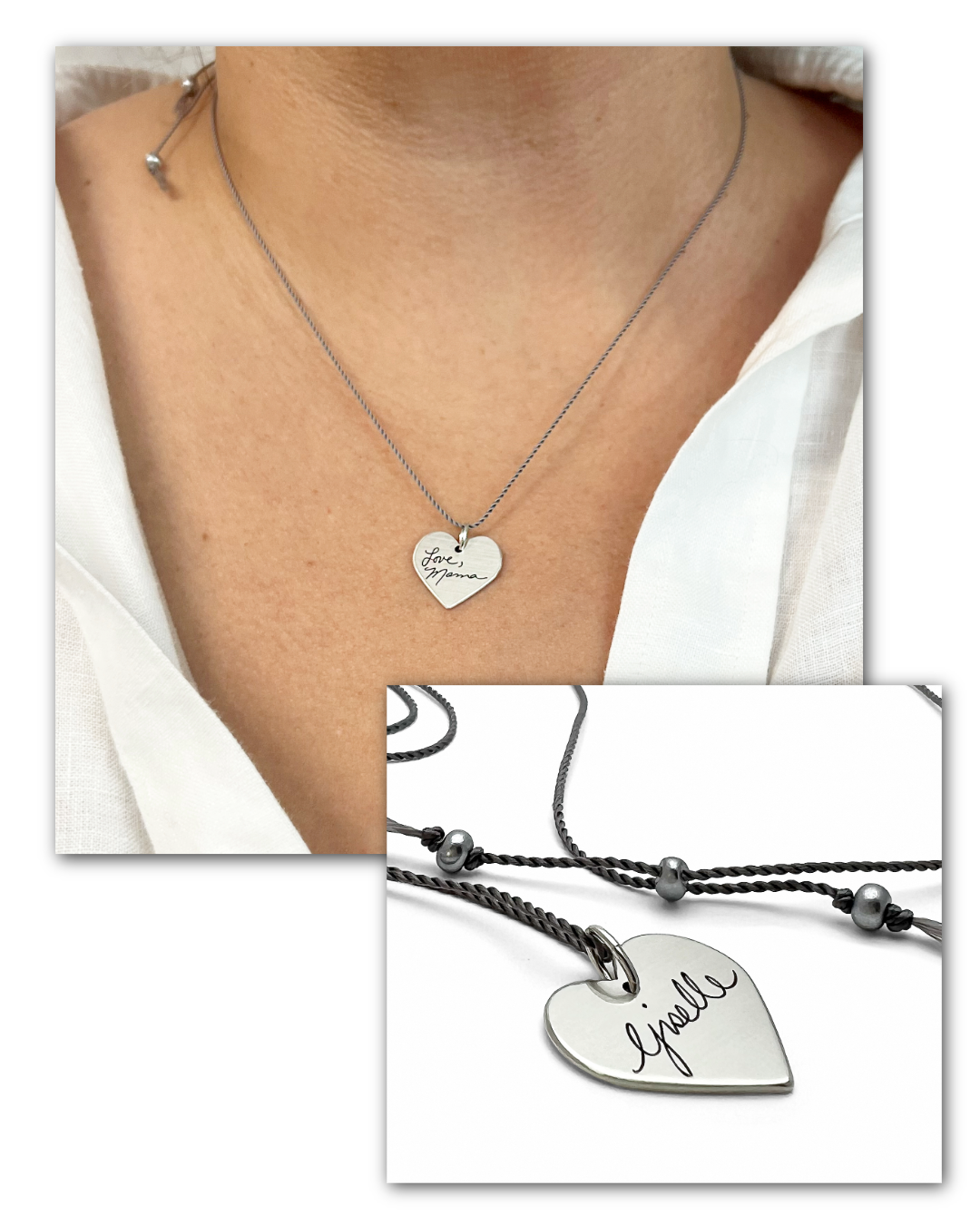 Silver heart-shaped memorial necklace with engraved text on a person wearing it, displayed against a white background.