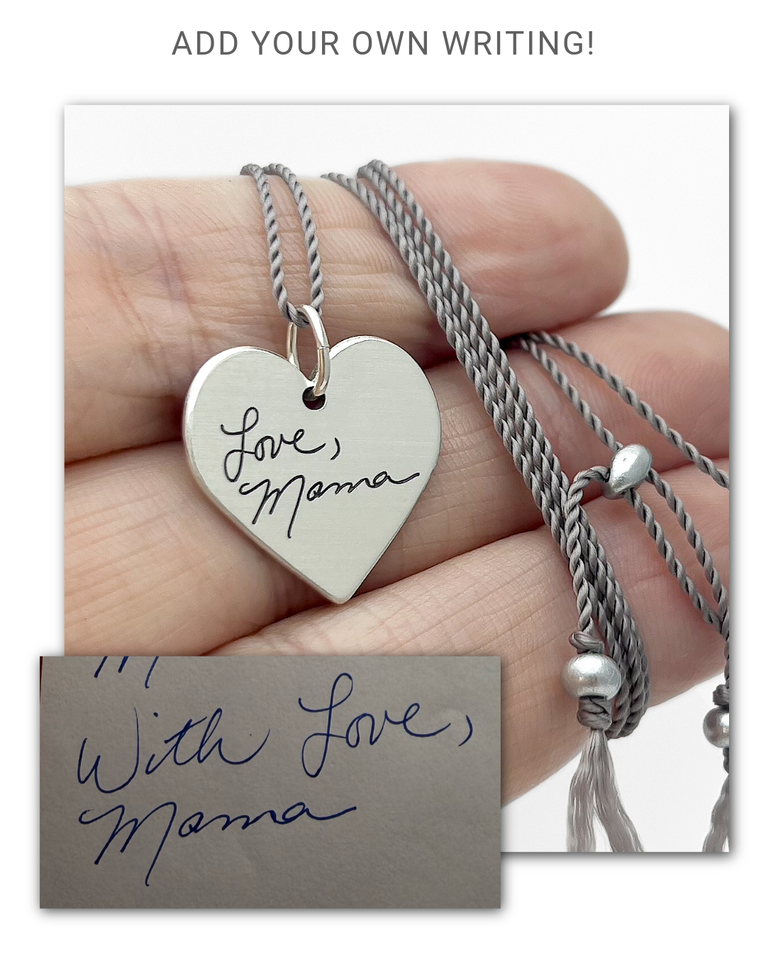 Heart-shaped pendant with 'Love, Mama' handwritten and engraved - held by a hand, with a card below.