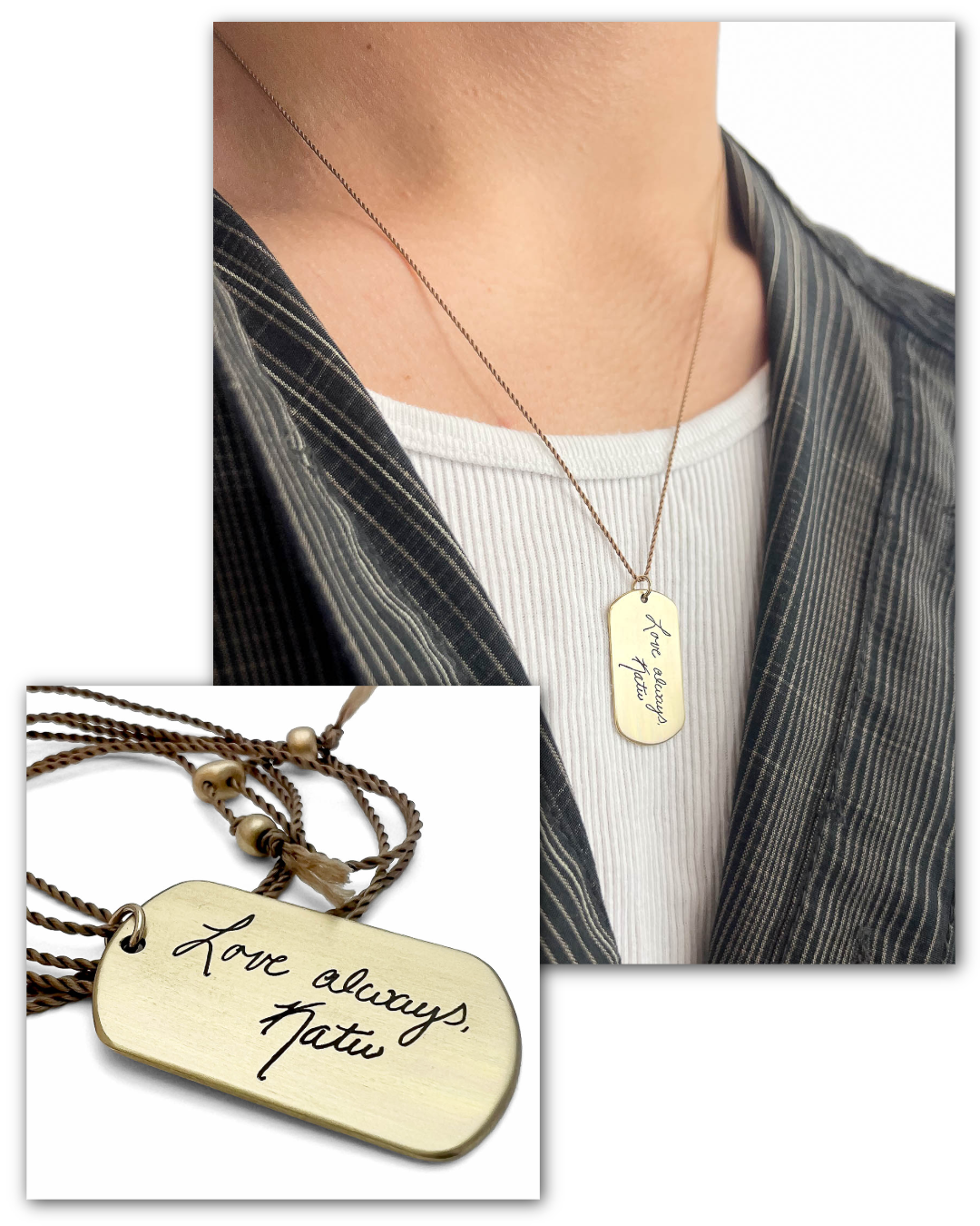 Miniature dog tag necklace with engraved writing worn by a person and close up of the engraving.