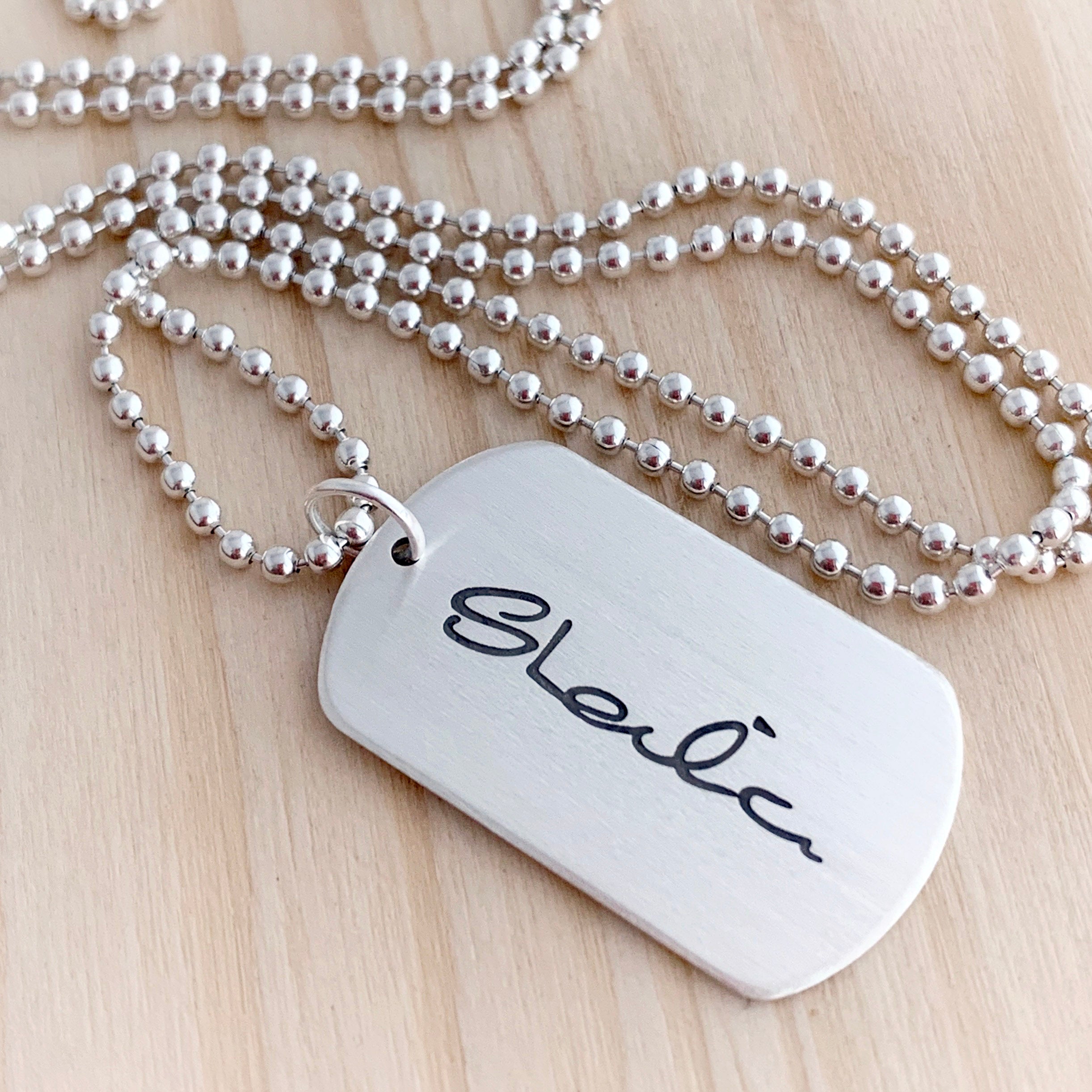 Jane Necklace | Engraved Mini Dog Tag | Scripted Jewelry