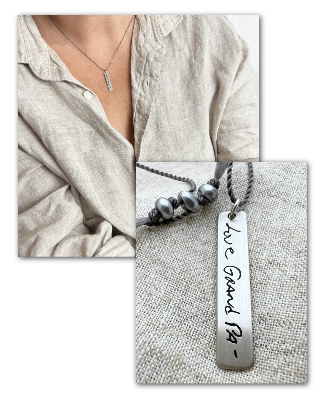 Personalized necklace with a silver tag and beads on a textured surface - Scripted Jewelry