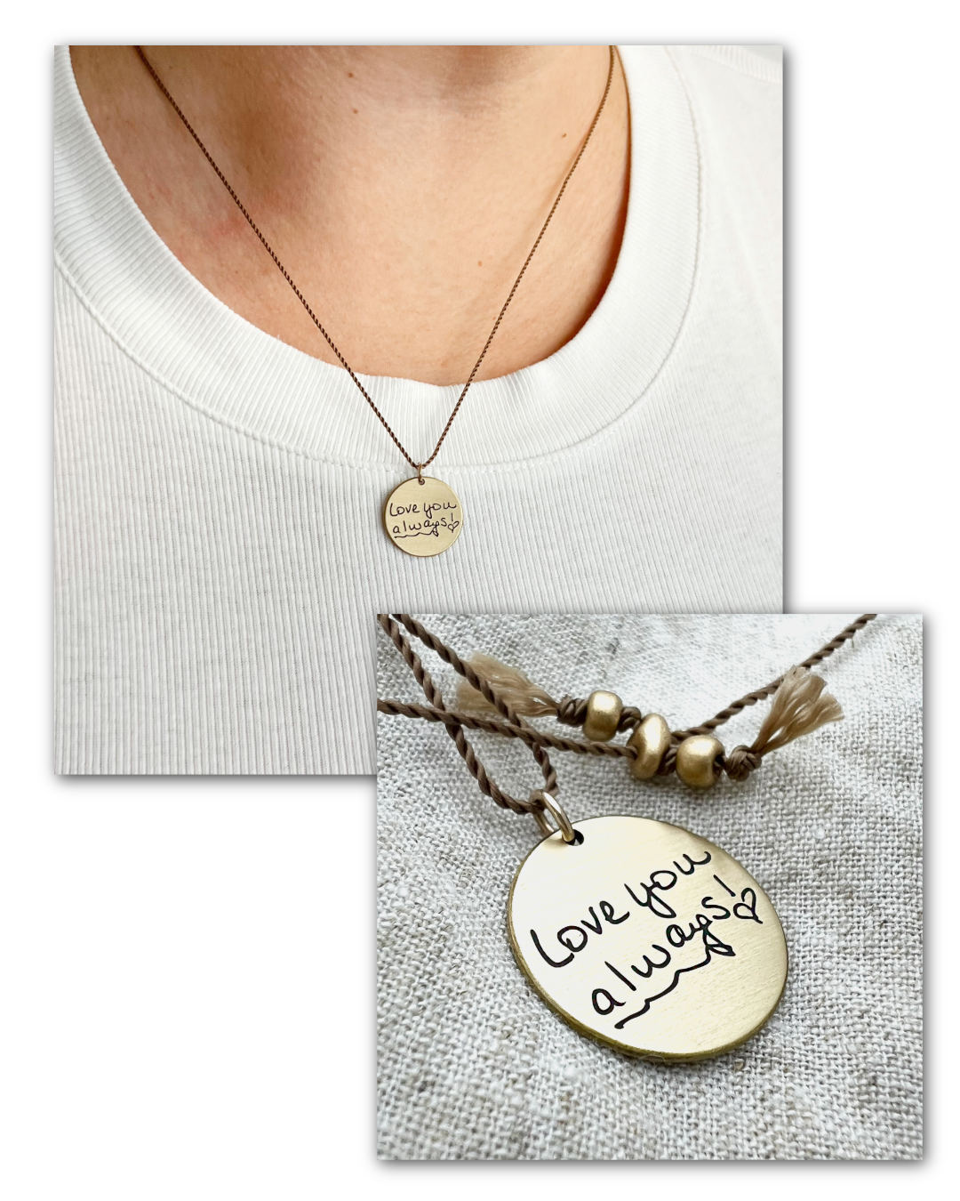 Personalized gold necklace engraved with girls handwriting. Modeled.