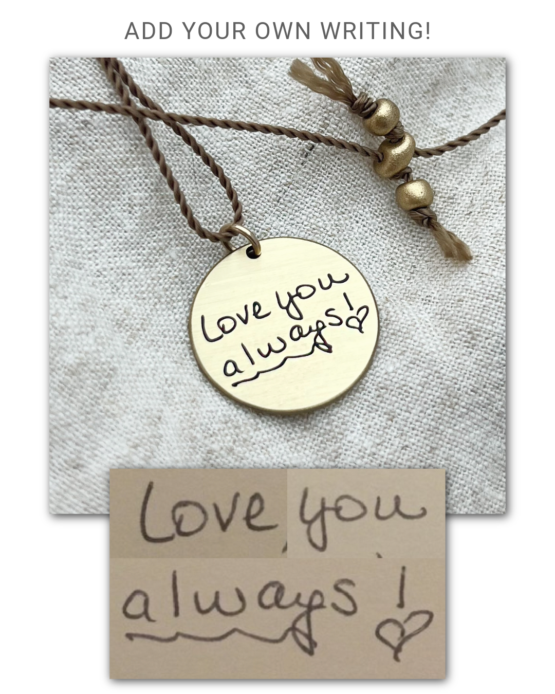 Necklace with a gold pendant and a note saying 'Love you always' on a textured background.