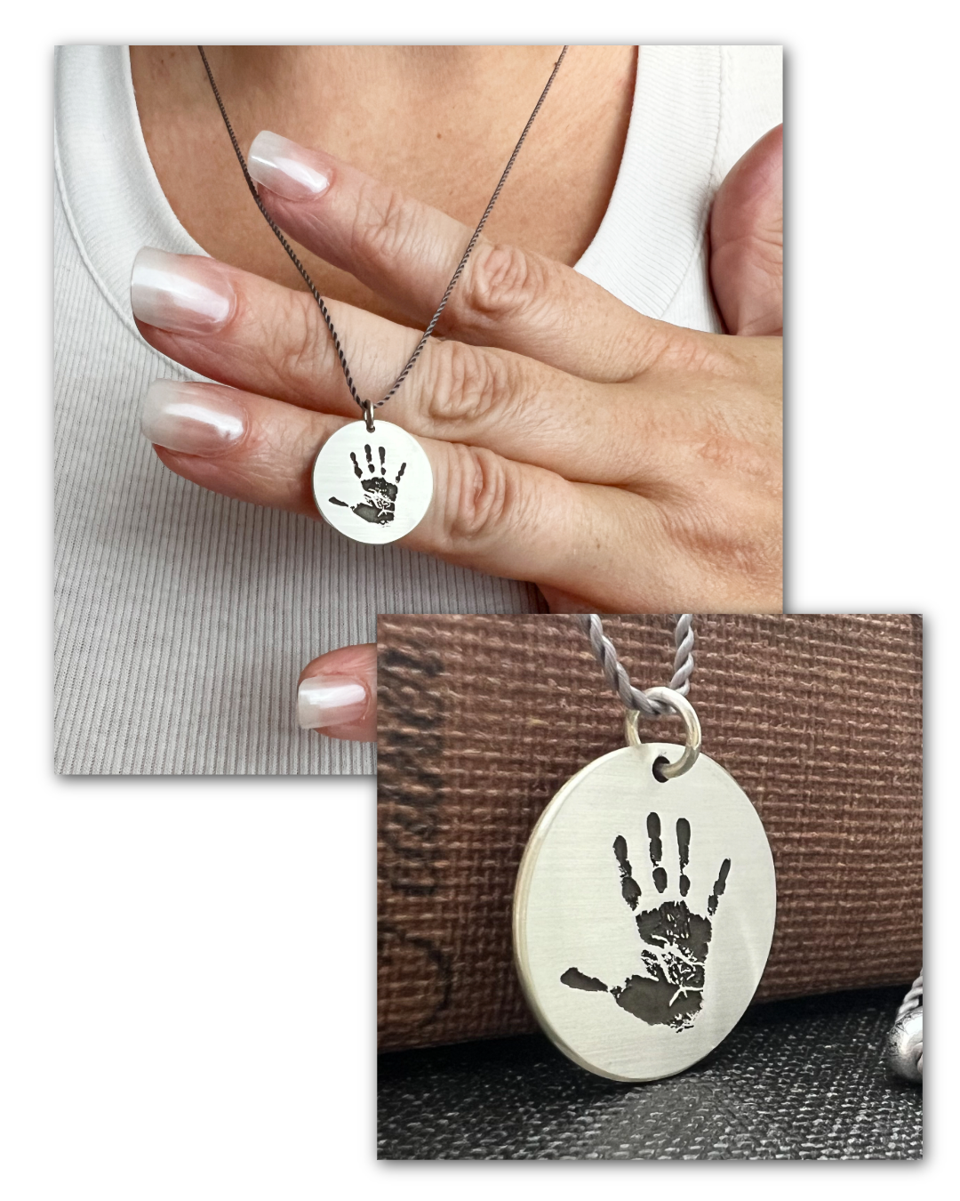 Silver personalized pendant with handprint engraving being modeled and macro shot of engraving detail. 