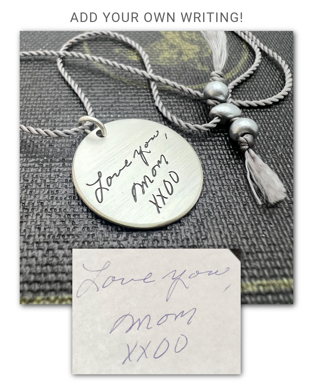Necklace with a hand-written pendant on a textured surface with the accompanying original handwriting used for the engraving.