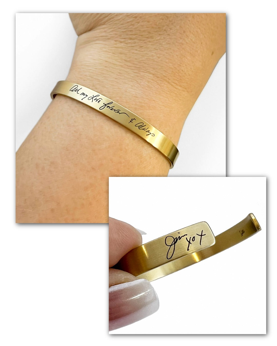 Brass bracelet with engraved text on a wrist and close-up of engraving.