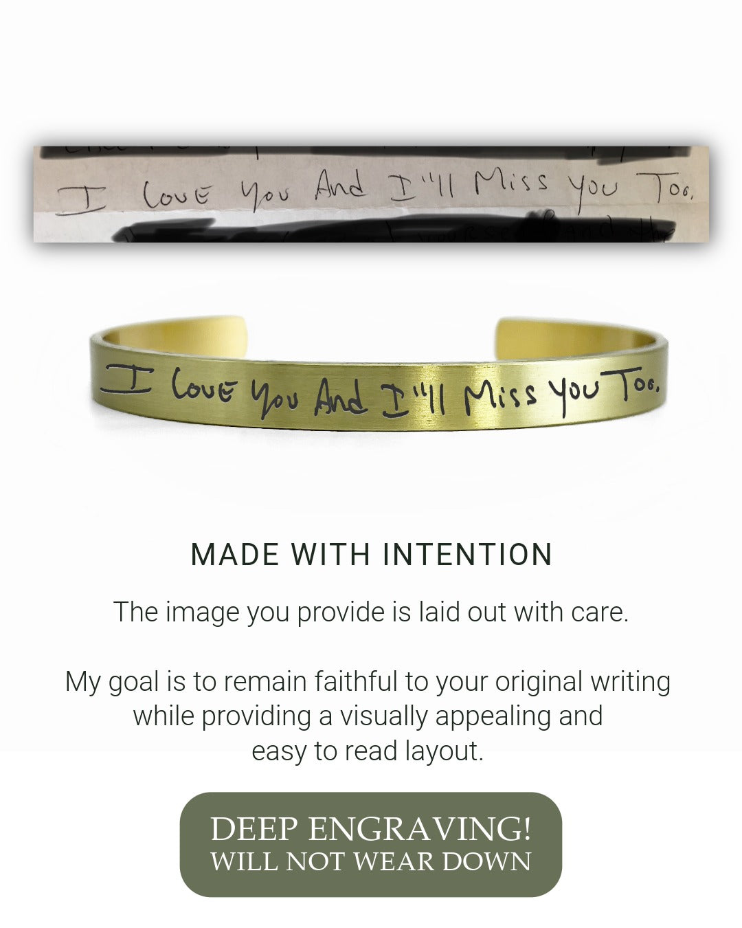 Brass bracelet with engraved message on a white background