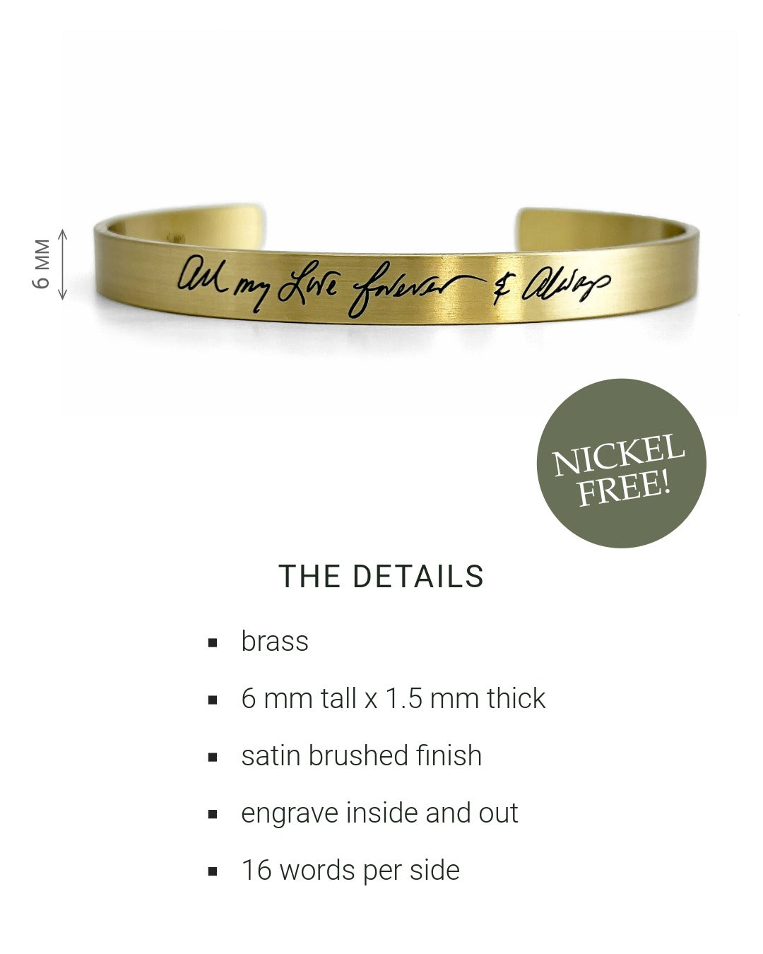Brass bracelet with engraved text on a white background