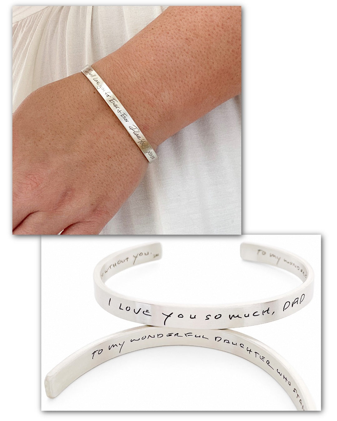 Silver bracelet with engraved text on a wrist, displayed with additional bracelets on a white background.