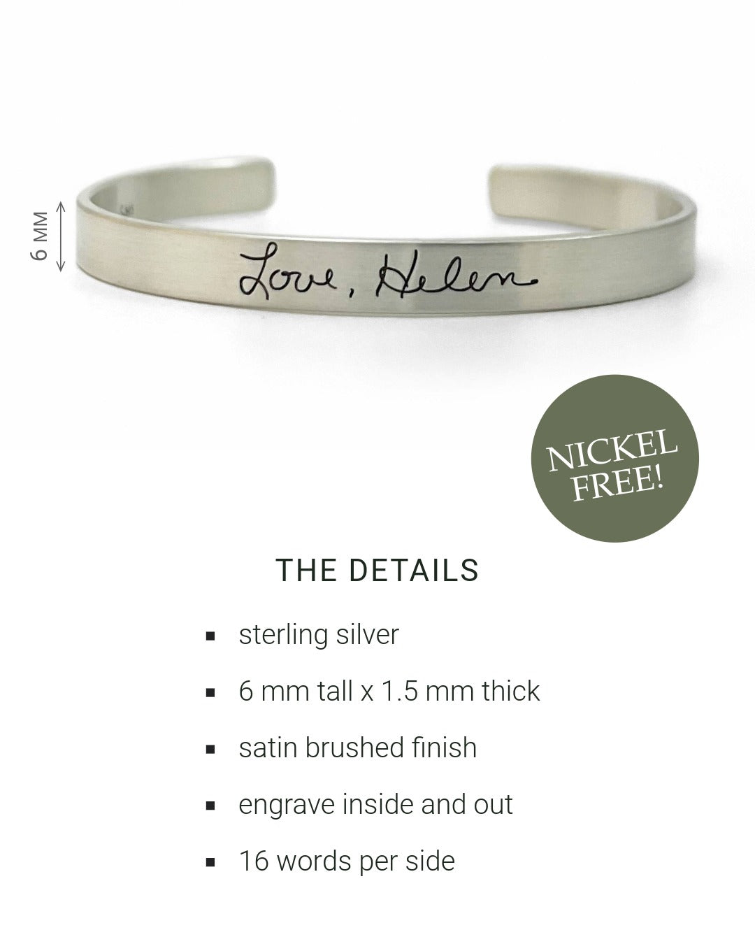 Silver bracelet with engraved text on a white background