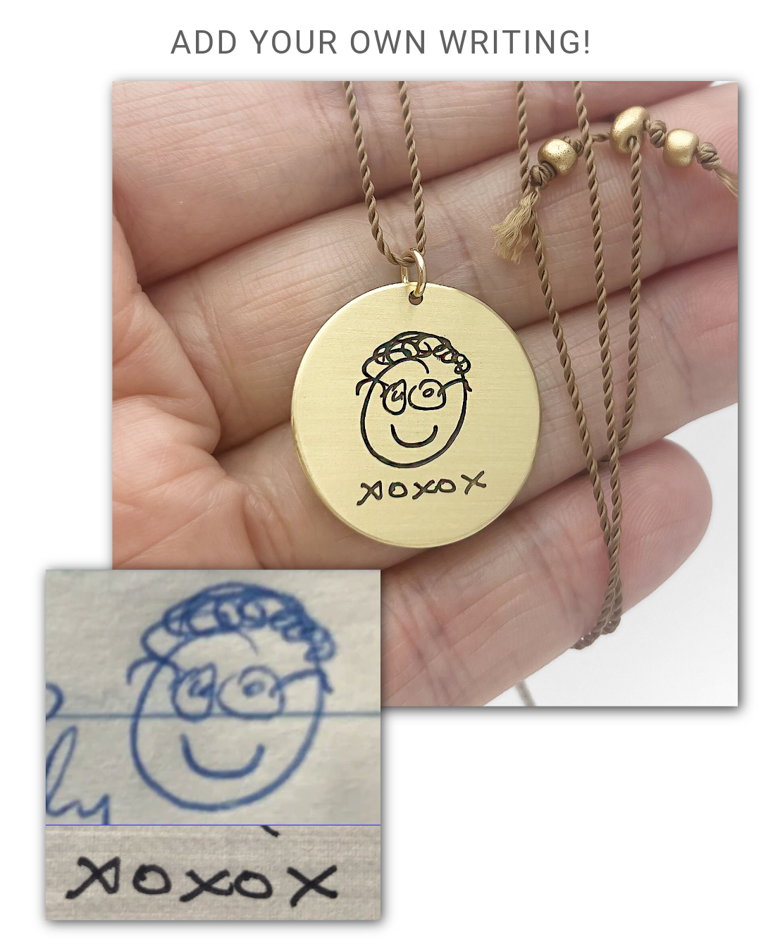 Gold necklace with a round pendant featuring a hand-drawn face and 'xoxo' text, held by a hand.