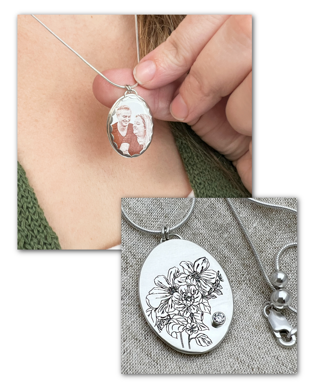 Close-up of a silver pendant with floral design worn on a necklace.