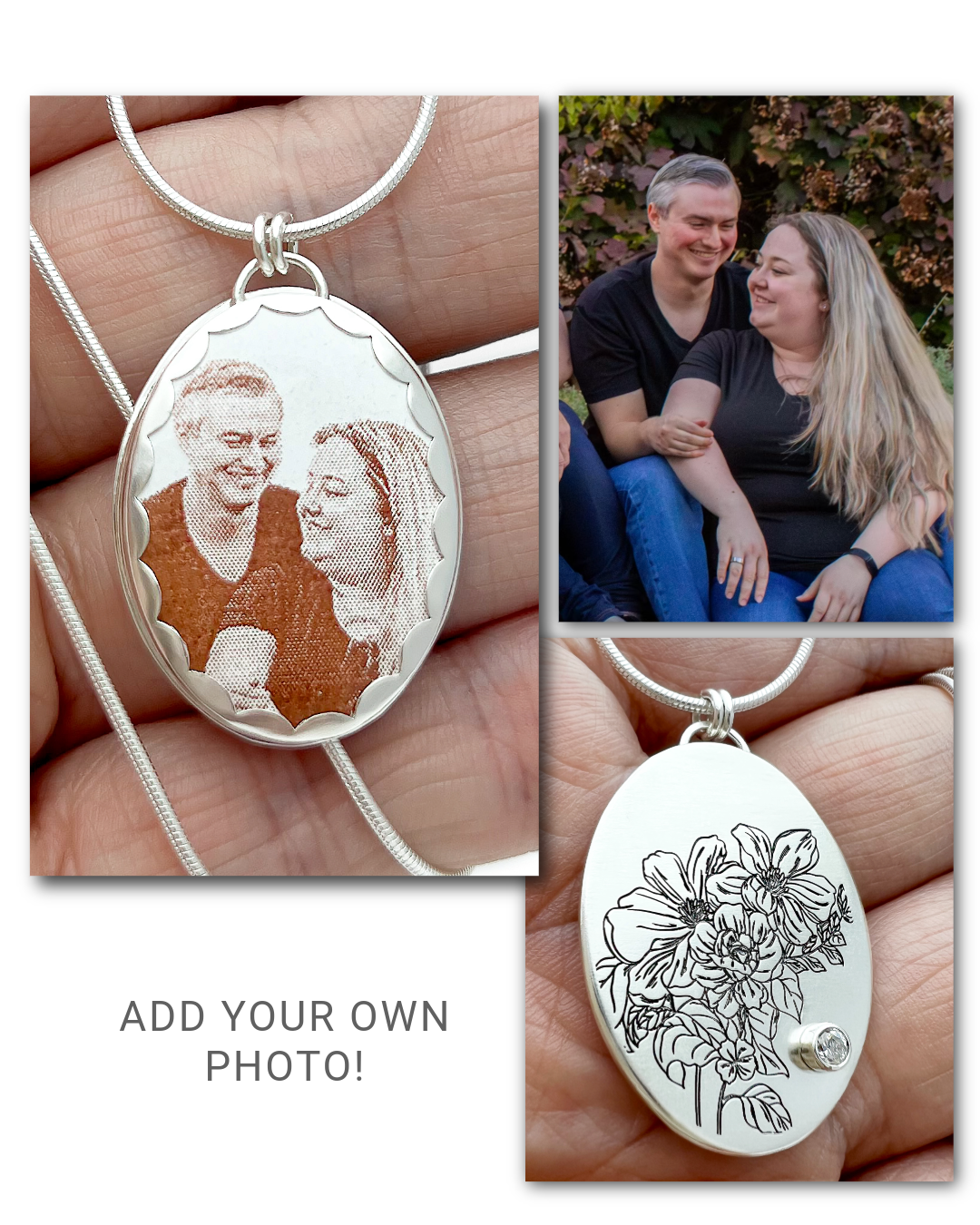Silver pendant with enamel photo and floral design engraved on back, held by a person.