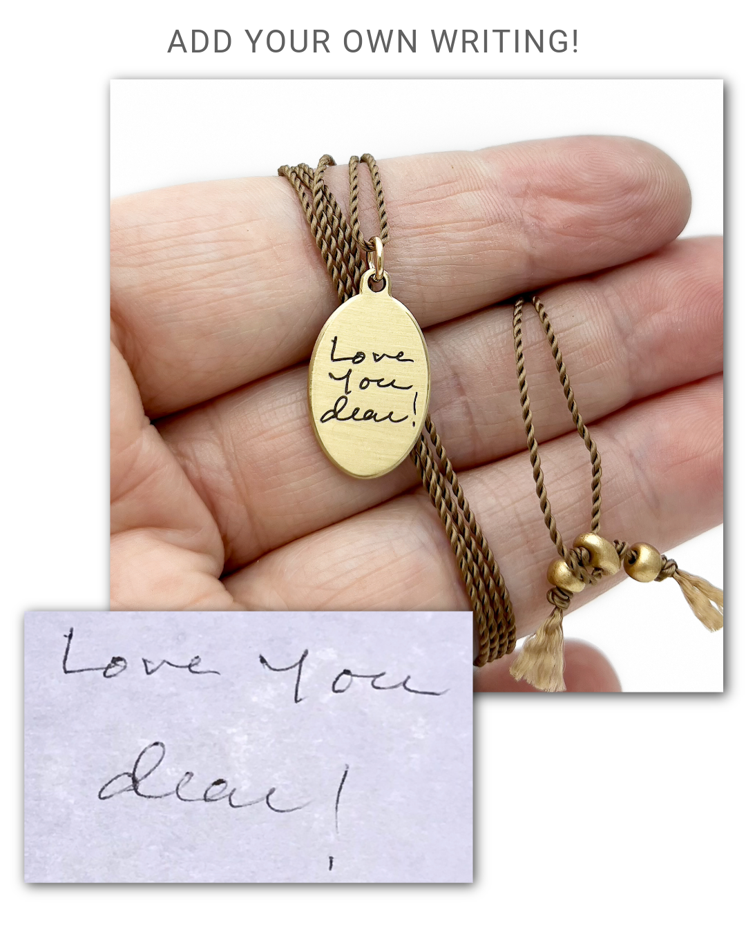 Gold necklace with engraved pendant held by a hand, next to a card with 'Love You dear!' handwritten card.