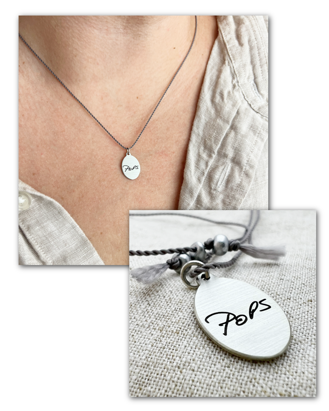 Necklace with a pendant labeled 'Pops' worn by a person, close-up of the pendant on a textured surface.