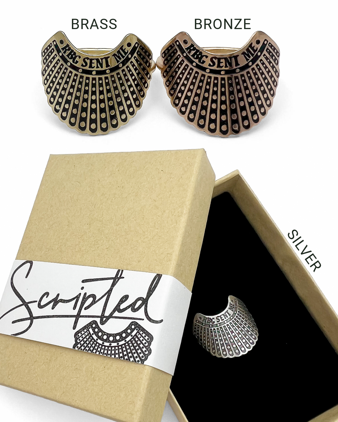 RBG Sent Me Dissent Collar Ring in brass, bronze, and silver displayed with a 'Scripted' branded box.