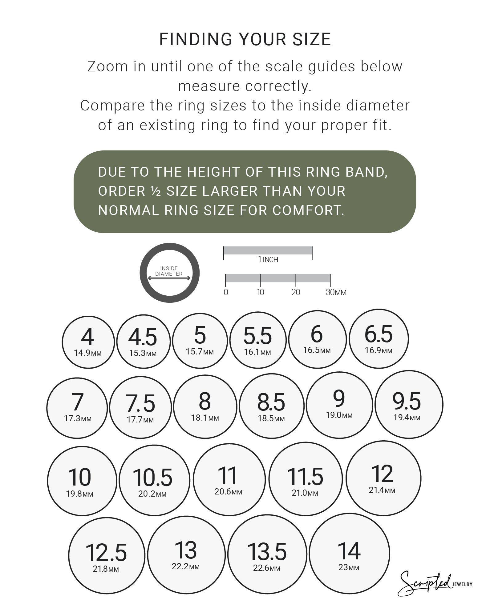 Ring size chart with measurements and instructions for finding the correct ring size.