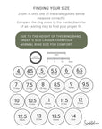 Ring size chart with measurements and instructions for finding the correct ring size.