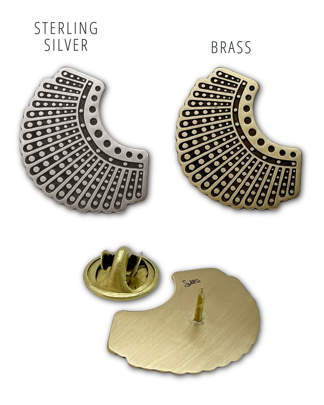 Brass and Sterling Silver brooches with a visible clasp on a white background.