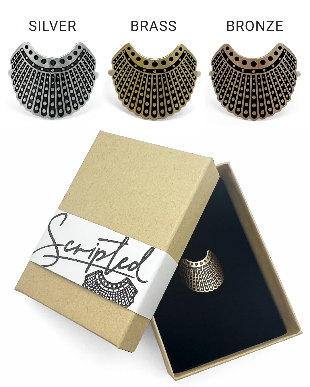 Shield Dissent Ring in silver brass and bronze.