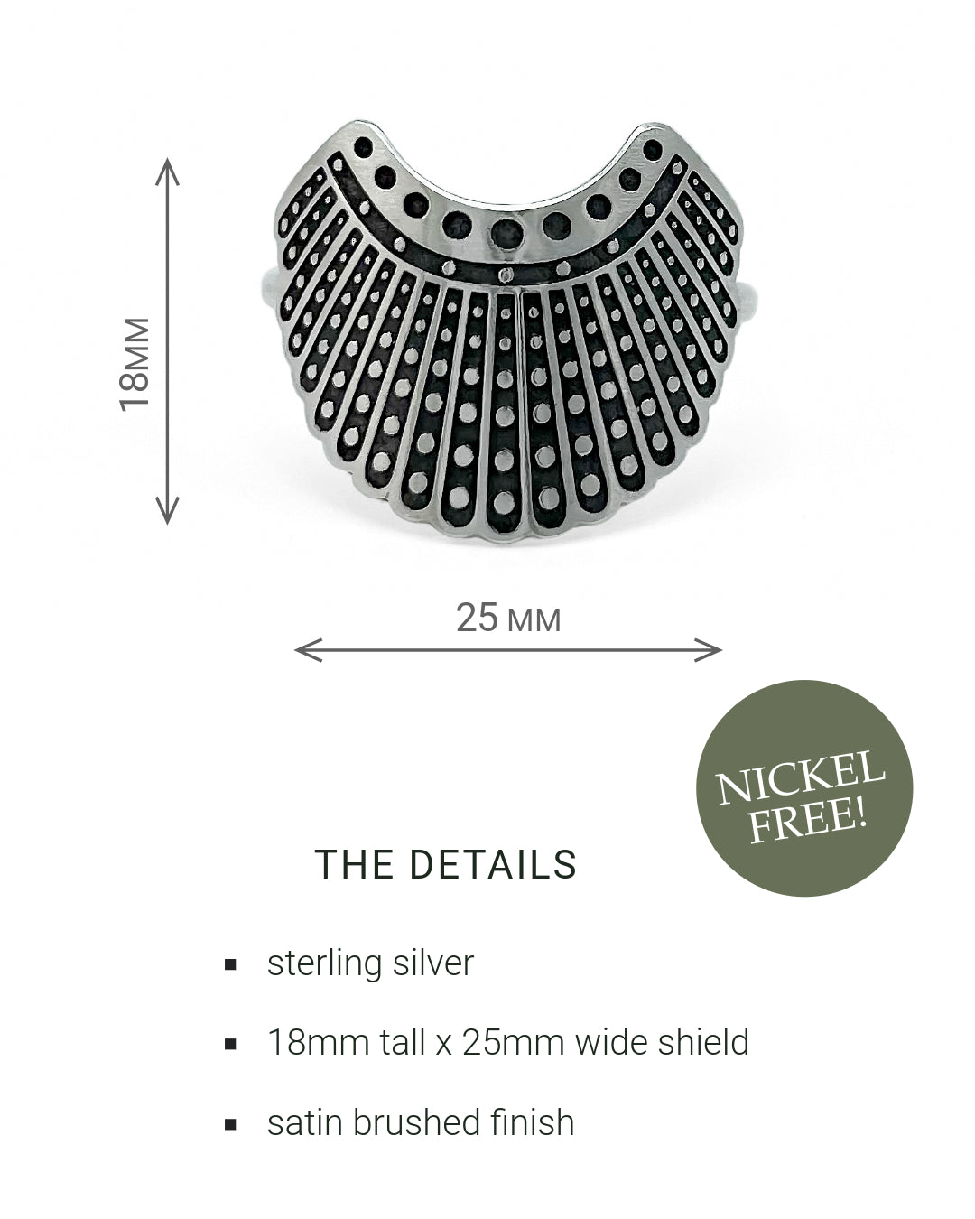 Sterling silver shield ring with dimensions and details on a white background