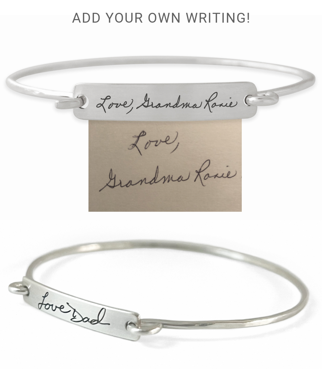 Silver bracelet with engraved signatures on a white background