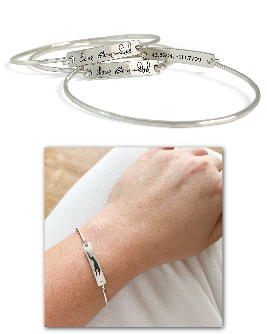 Silver tension bracelet with engraved handwriting worn on a wrist, with a close-up of the bracelet.
